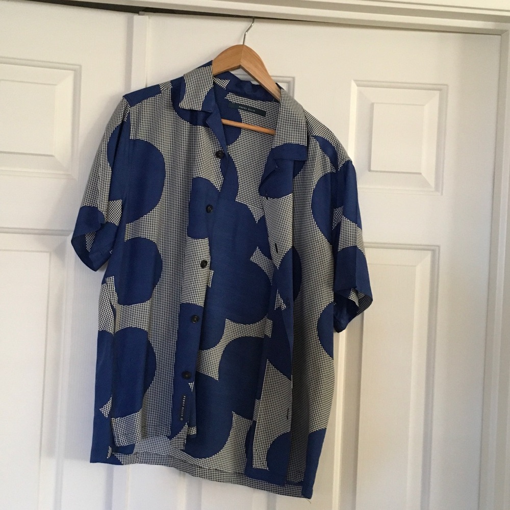 Perry Ellis Blue Patterned Short-Sleeve Button-Down